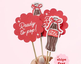 She's Ready to Pop Cupcake Toppers | Soda Bottle Baby Shower Decorations | Ready to Pop Party Decor | Red Bow Baby Shower Toppers