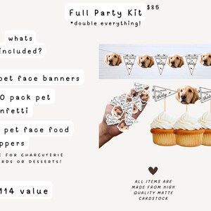 May include: A party kit featuring two pet face banners, a 100-pack of pet face confetti, and 24 pet face food toppers. The items are made of matte cardstock and feature a golden retriever's face with the text "my mom is thirty" on triangular flags.