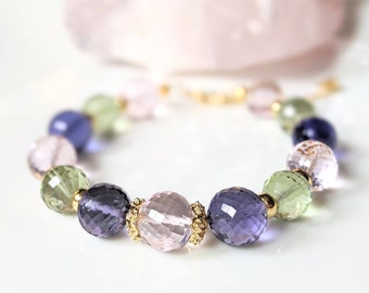 Dainty bracelet and earrings set made with amethyst, rose quartz and peridot hydroquartz