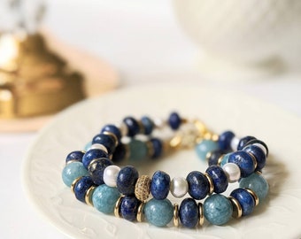 Bracelet perlé avec Lapis lazuli et perles naturelles