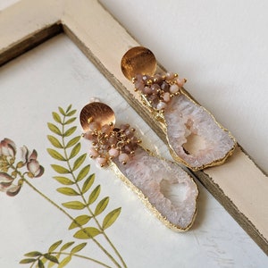 Agate geode slice earrings with beige moonstone & pink opal