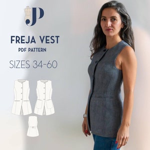 May include: A PDF pattern for a sleeveless vest called the Freya Vest. The pattern is available in sizes 34-60. The image shows a line drawing of the vest and a woman wearing a gray vest.