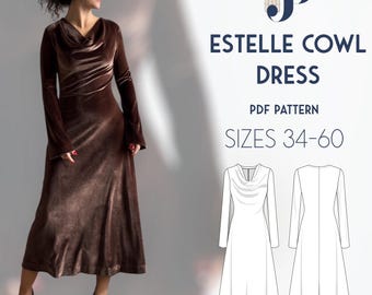 Estelle Cowl Dress Just Patterns PDF sewing pattern size 34-60