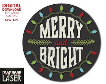 May include: A black circle with a white background and the text "Merry and Bright" in a white font. The circle is surrounded by a string of colorful lights.