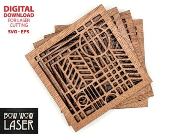 DIGITAL FILE Geometric Square Wood Coaster for laser cutter Arts & Crafts Mission Prairie Style art deco style bungalow home glowforge svg