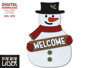 ARCHIVO DIGITAL Muñeco de nieve invierno bienvenida puerta de entrada colgador signo svg madera navidad porche decoración de pared corte en capas archivo láser glowforge