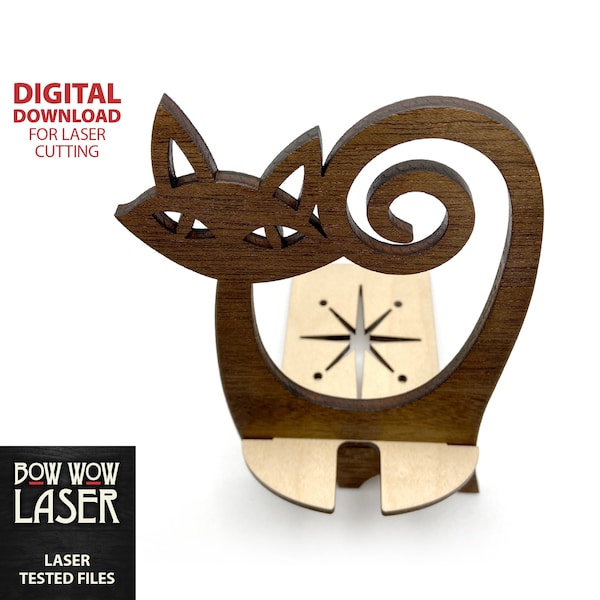 DIGITAL FILE Mid Century Modern Atomic Cat Wood Phone Holder laser svg cutting file Charging Stand retro 50s cat lover atomic starburst