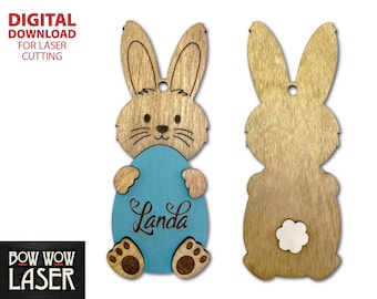 DIGITALE DATEI Osterhase mit Ei Geschichte Osterkorb Anhänger Für Kinder personalisierbar mit Namen oder Monogramm Leuchtforge Lasercut