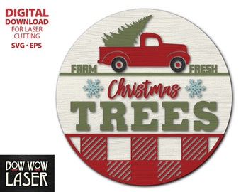 DIGITAL FILE Tannenbaum Tannenbaum Bauernhof Lkw Rund HaustürSchild svg Holz Winter Weihnachten Bauernhaus Veranda Schild Layered Cutting Laser