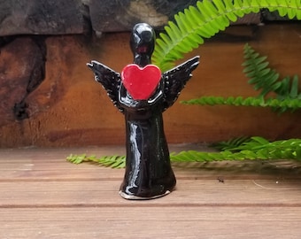 Ceramic Angel, Hand Made Angel, Hand Painted, Angel holding Heart. Angel Statue, Angel Figurine, Angel Sculpture, Guardian Angel, Black