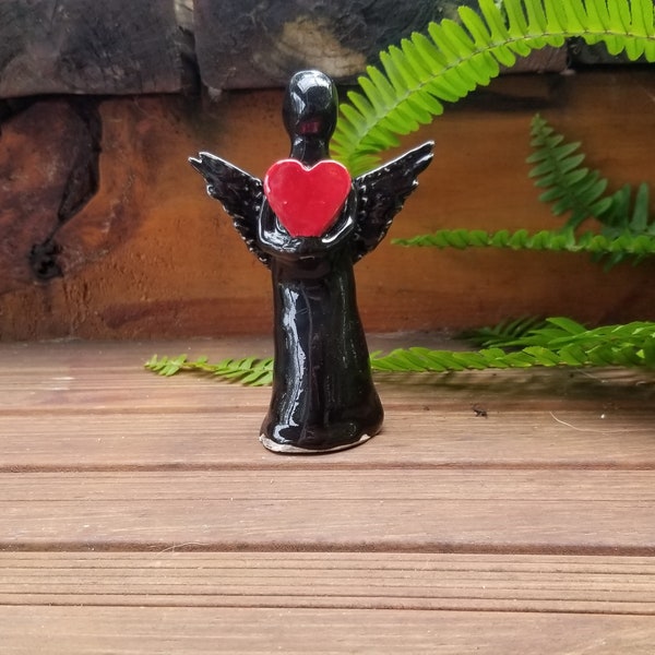 Ceramic Angel, Hand Made Angel, Hand Painted, Angel holding Heart. Angel Statue, Angel Figurine, Angel Sculpture, Guardian Angel, Black