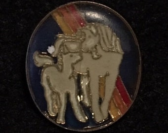 Op de afbeelding: Een ronde emaille pin met een regenboog en twee witte paarden op een blauwe achtergrond.