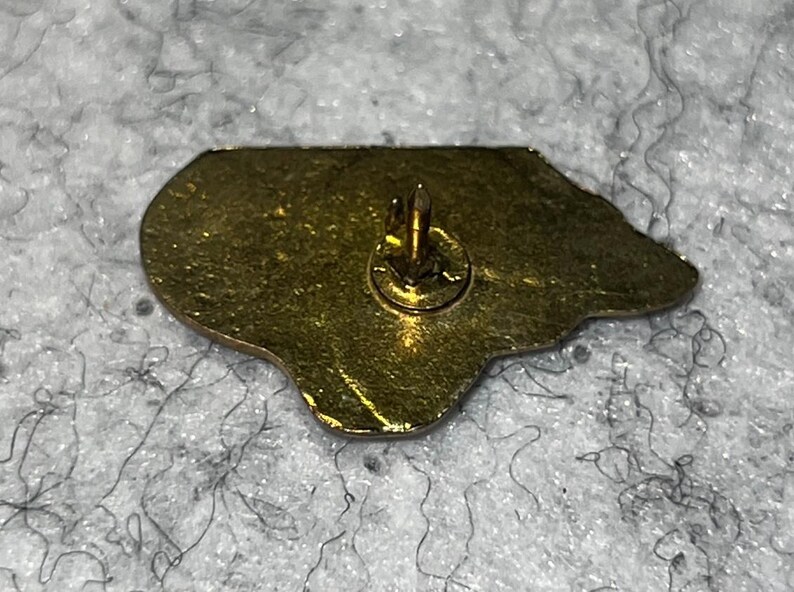 May include: A gold-colored pin with a pin back. The pin has a shape that resembles a geographical outline. The pin is on a gray, textured surface.