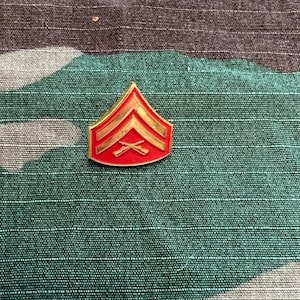 May include: A gold-colored pin with a red chevron and crossed rifles. The pin is on a green and brown camouflage fabric.