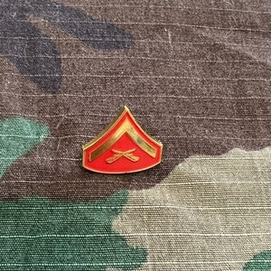 May include: A red and gold military rank pin with crossed rifles. The pin is shaped like a chevron and has a red background with gold trim.