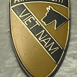 May include: A shield-shaped pin with the words "AIR CAVALRY" and "VIET NAM" in white lettering. The pin features a black horse head silhouette and a gold and black color scheme.