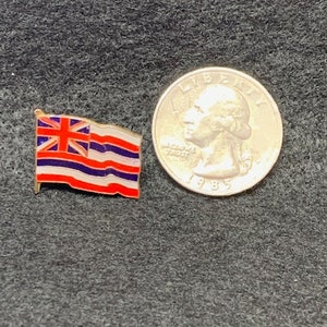May include: A small, gold-colored pin with a red, white, and blue Hawaiian flag design. The pin is next to a US quarter for size comparison.