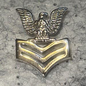 May include: A silver-toned metal military rank insignia pin featuring a perched eagle with spread wings positioned above two V-shaped chevrons. The surface of the pin is polished and reflective, showing clear detailing on the eagle's feathers.