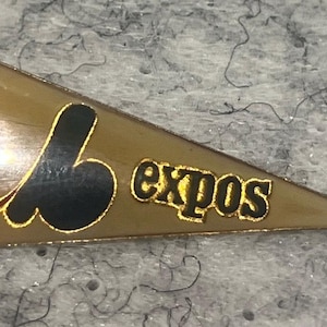 May include: A triangular pin with a tan background and gold trim. The pin features the word "expos" in gold lettering and a stylized "e" and "b" logo in black and red.