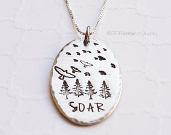Soaring birds forest scene necklace