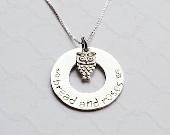 Bread and roses washer necklace with owl charm