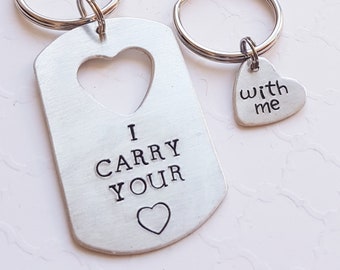 Heart cut-out dog tag keychain set