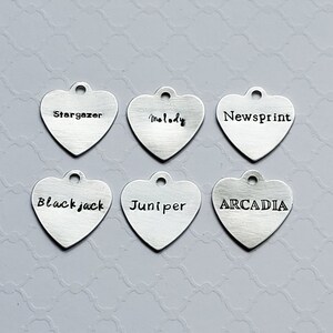 May include: Six silver heart-shaped charms with different words engraved on them. The words are "Stargazer", "Melody", "Newsprint", "Blackjack", "Juniper", and "ARCADIA".