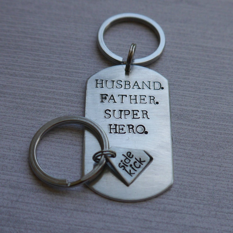 Diamond cut-out dog tag keychain set