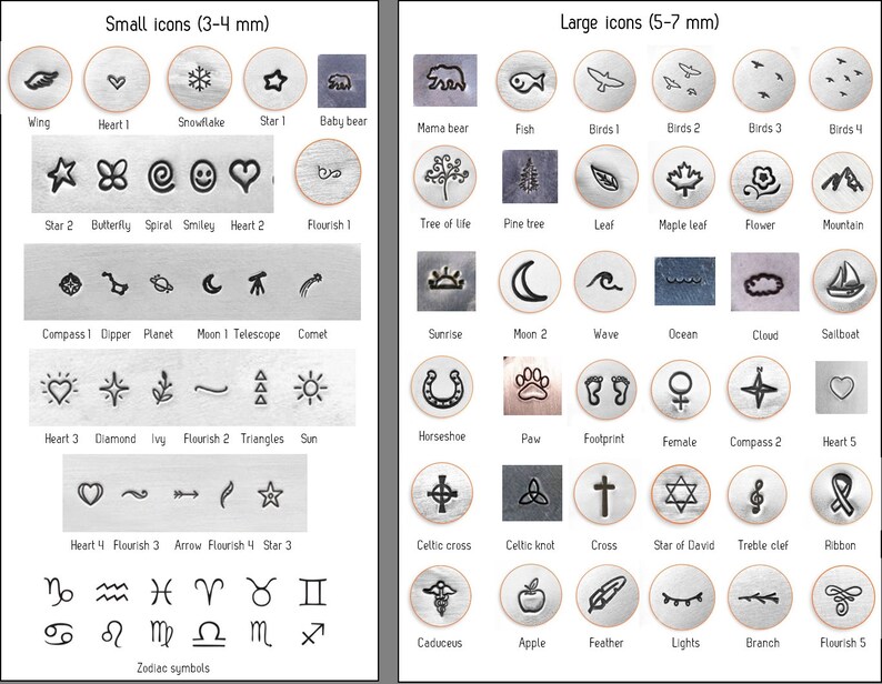 May include: A chart of small and large metal stamp designs for jewelry making. The small icons are 3-4 mm and the large icons are 5-7 mm. The icons include animals, plants, symbols, and more.
