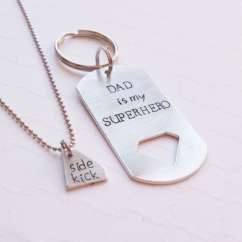 Diamond cut-out dog tag keychain set