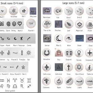 May include: A chart of small and large metal stamp designs for jewelry making. The small icons are 3-4 mm and the large icons are 5-7 mm. The icons include animals, plants, symbols, and more.