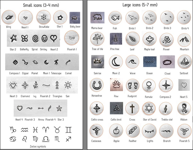 May include: A chart of small and large metal stamp designs for jewelry making. The small icons are 3-4 mm and the large icons are 5-7 mm. The icons include animals, plants, symbols, and more.