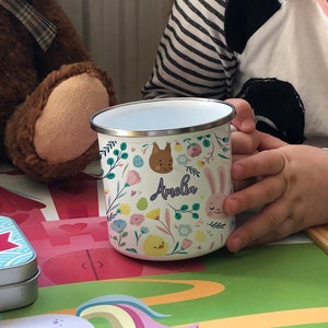 Personalised Easter Animal Bunny Rabbit Enamel Tin Cup with any name perfect for little ones easter cute animal drawing custom kids children