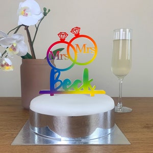 Personalised Wedding Cake Topper Perspex Custom Name Choose Your Background Decorative Wedding Cake Topper Pride Mrs & Mrs Rings Design image 1