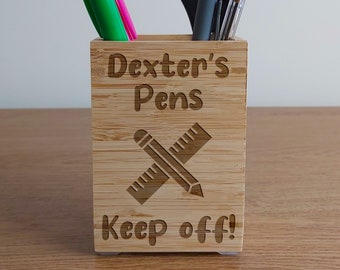 Sustainable Bamboo Pen Pot with Custom Personalised Engraving Pencil & Ruler Design