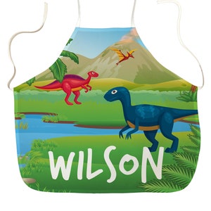 Personalised Children&#39;s Dinosaur 1 Toddler&#39;s Apron, Any Name, Colourful Kitchen Baking Cooking Pinny Child