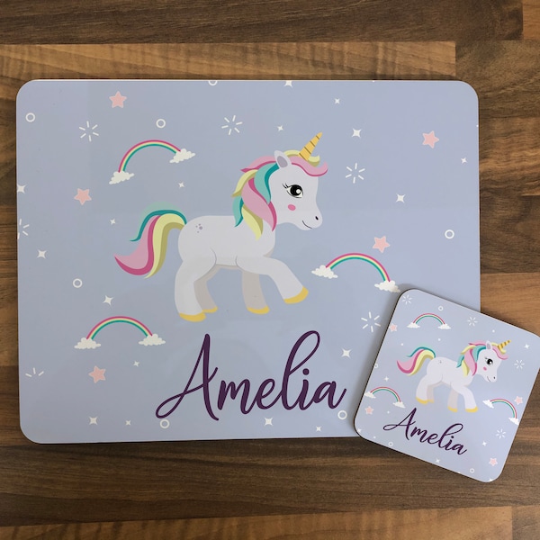 Ensemble personnalisé Kids Unicorn Sparkle Hardboard Placemat & Coaster, Any Name, Dinner, Fun, Colourful, Gift