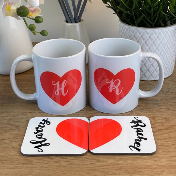 Personalised Valentine's Day 2 x Couples Mug & Coaster Sets - Matching Hearts Design, any name, love, gifts, unique, customise, cute