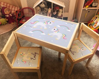 unicorn wooden table and 2 chairs