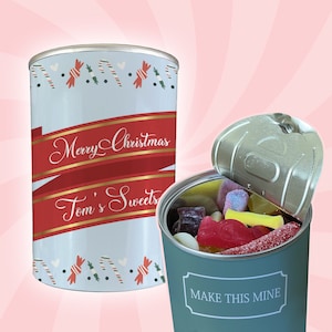 Personalised Pick & Mix Sweets Tin Can with Festive Merry Christmas Design, any custom name, Christmas or birthday gift, stocking filler