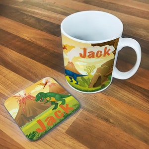 Personalised Children&#39;s Dinosaur 2 10oz Ceramic Mug And Coaster Set, Any Name, Colourful, Gift, Mug, Hot Drink