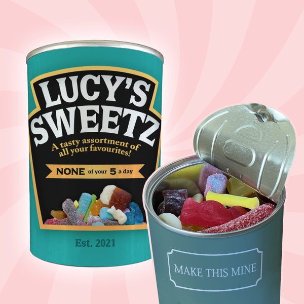 Personalised Pick & Mix Sweets Tin Can with Funny Baked Beans Can Design, any custom name, Christmas or birthday gift, stocking filler