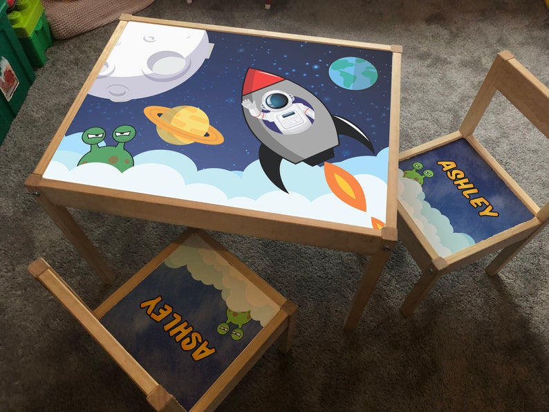 Personalised Children/'s Ikea LATT Wooden Table and 4 Chairs Printed Space Astronaut Planets Solar System Rockets Play Map Mat Kids Girl Boy