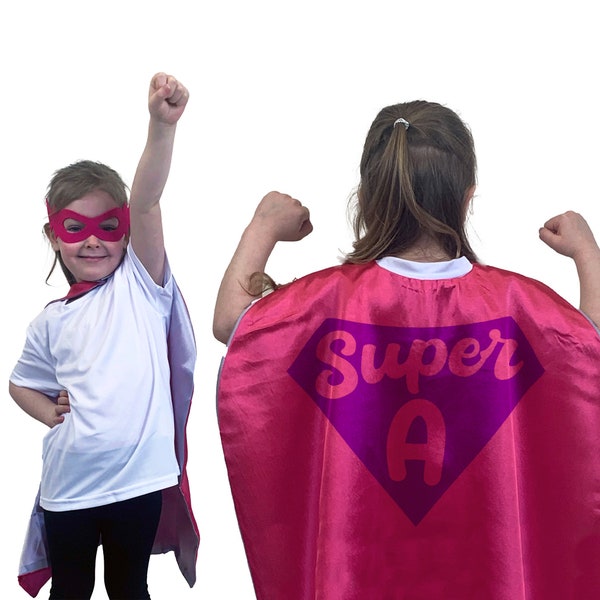 Personalised Kids Superhero Costume Set with Hero Mask and Custom Name Initial Cape, superwoman, comic, Halloween, girls, children's, cute