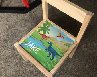 Personalised Children&#39;s Ikea LATT Wooden Chair Printed Dinosaur Dino1 T-rex Egg Play Map Mat Kids Girls Friends Boys Family