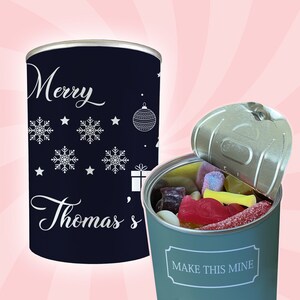 Personalised Pick & Mix Sweets Tin Can with Snowman &#39;Merry Christmas&#39; Design, any custom name, Christmas gift, stocking filler, novelty