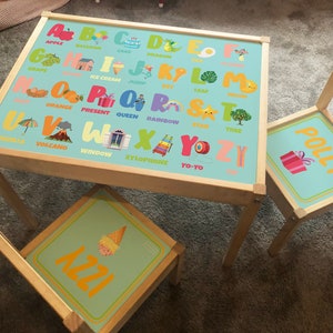 Personalised Children&#39;s STICKER ONLY for Ikea LATT Wooden Table and 2 Chairs Printed Object Alphabet Kids Girls Friends Boys Family