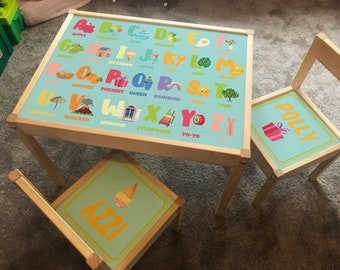 Personalised Children&#39;s STICKER ONLY for Ikea LATT Wooden Table and 2 Chairs Printed Object Alphabet Kids Girls Friends Boys Family