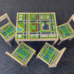 Table en bois IKEA LATT pour enfants personnalisée et 4 chaises imprimées City Road Car Train Wheels Town Country Play Map Mat Hot Kids Girls Boys