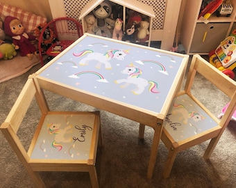 Personalised Children's Ikea LATT Wooden Table and 2 Chairs Printed Unicorn Sparkle Rainbow Stars Play Princess Kids Girls Friends Family